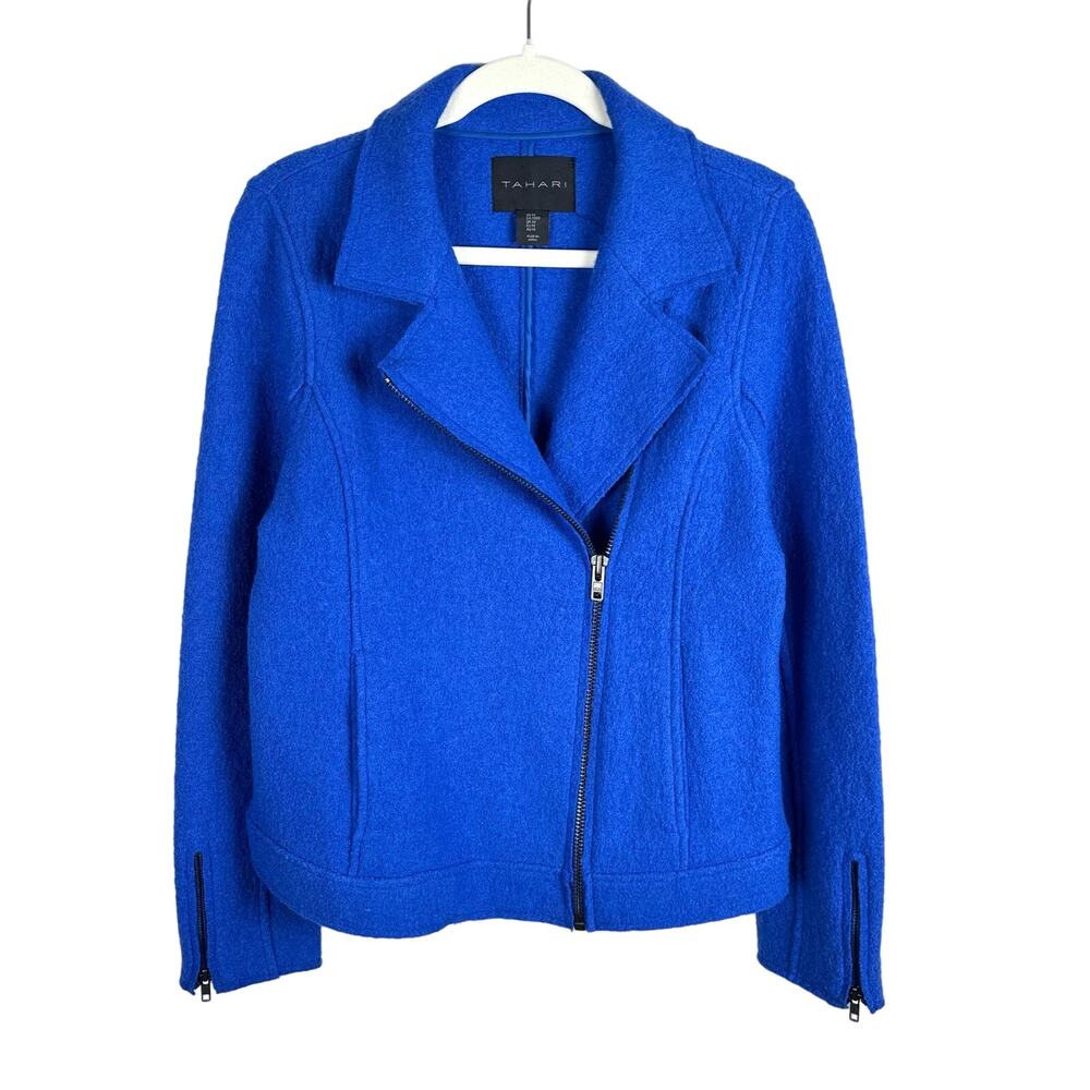 Tahari Wool Blend Moto Biker Jacket Bright Royal Blue Size M Jewel Tone Coat